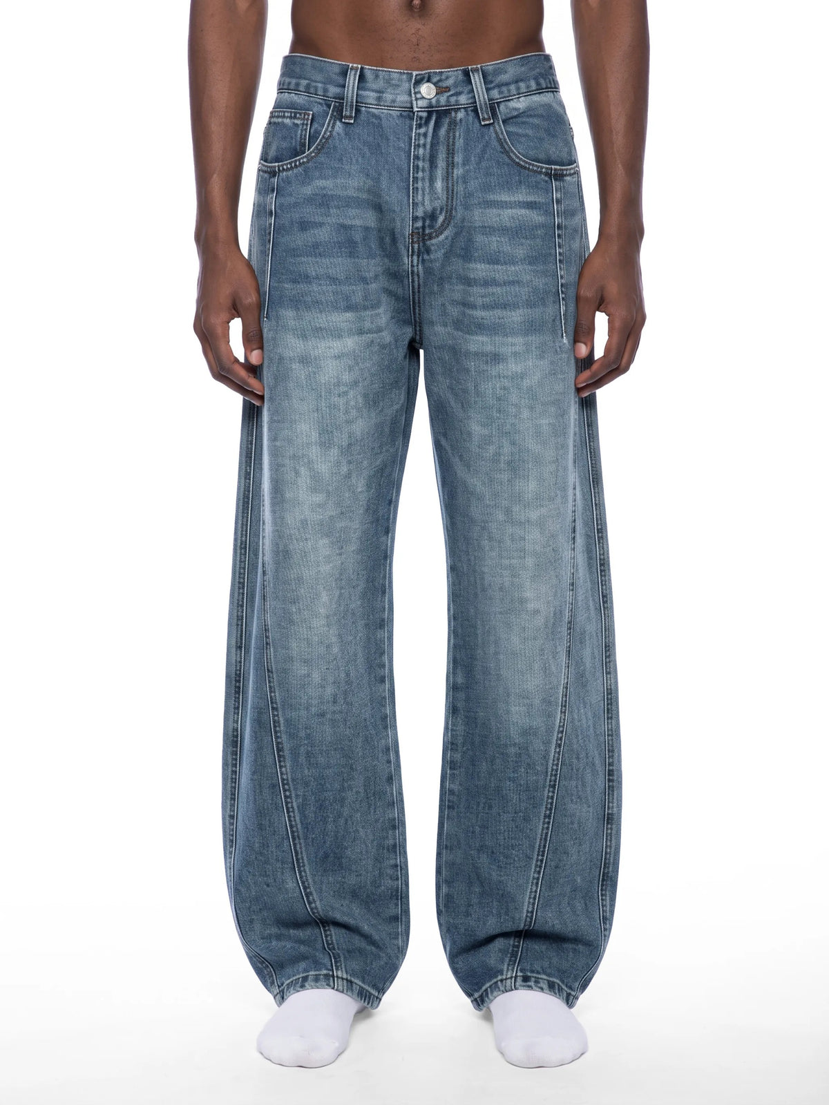 Unisex Vintage Wash Barrel Leg Denim Jeans - UB0083-C001-V2