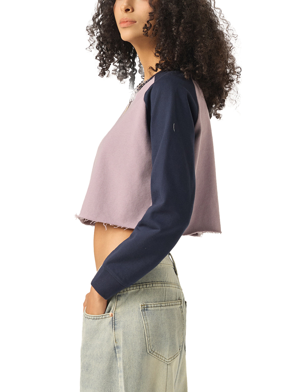 Raw-Hem Color-Block Raglan Crop Sweatshirt - WW0001-C001-V3