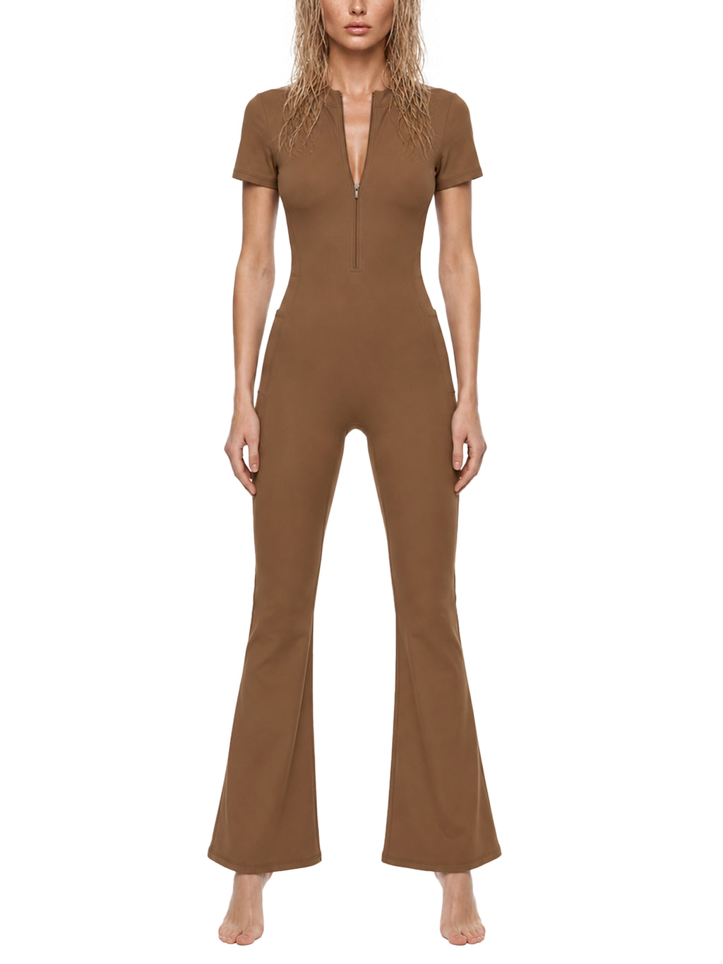 Women’s Tight Flared Leg Quarter-Zip Jumpsuit - WO0009-O001-V2