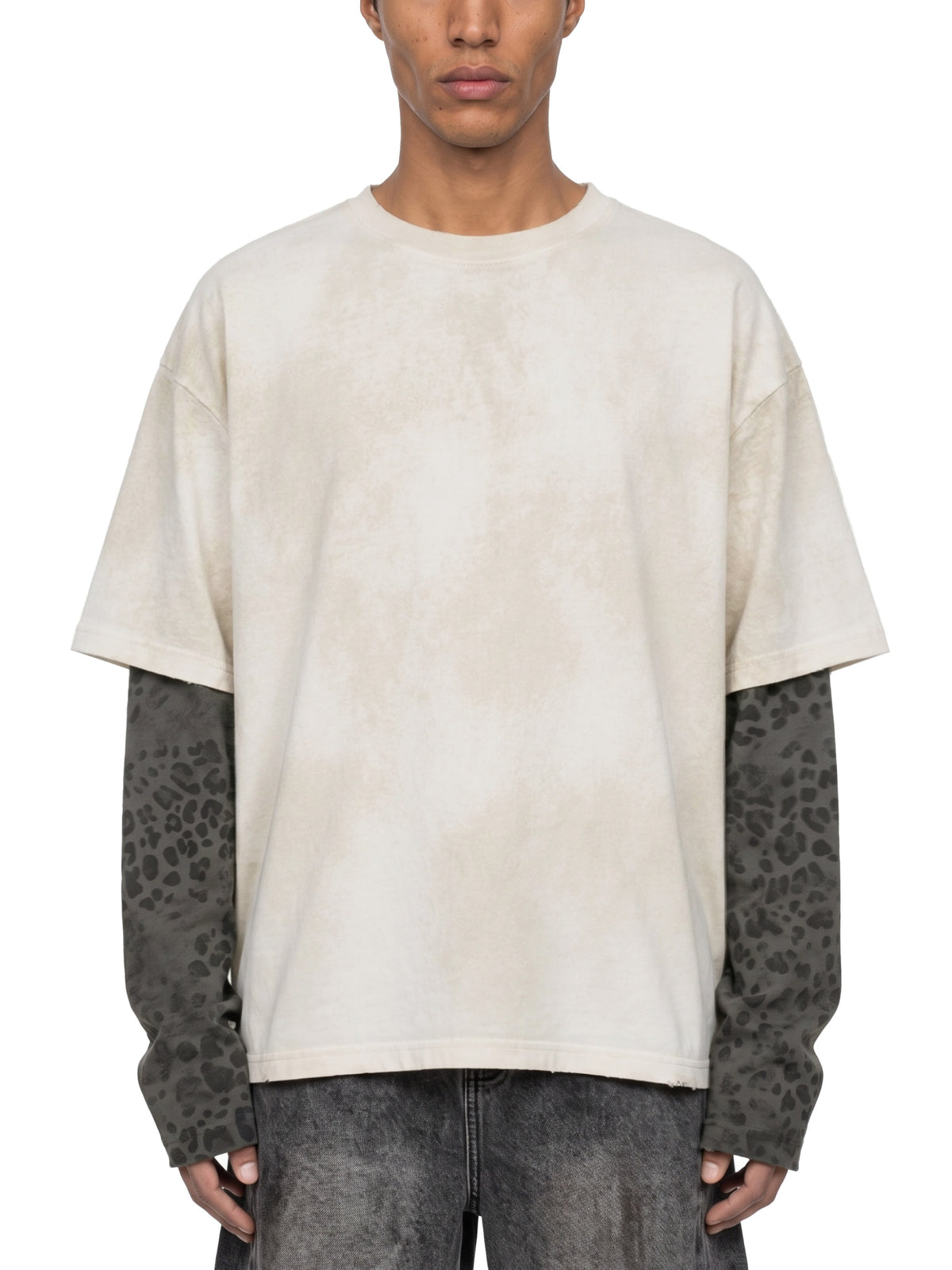 Unisex Vintage Wash Leopard Paneled Layer T-Shirt - UT0326-C001-V2